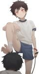  2boys absurdres bandages bare_legs barefoot brown_hair gym_uniform highres looking_down luye_yuan male_focus multiple_boys original red_eyes red_wristband shirt short_hair shorts simple_background trembling whip white_background white_shirt 