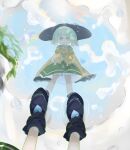  1girl :o bangs black_headwear bloomers boots bright_pupils cloud cloudy_sky commentary_request day eyebrows_visible_through_hair from_above full_body green_eyes green_hair green_skirt hair_between_eyes hat highres komeiji_koishi long_sleeves looking_at_viewer outdoors pov puddle ramochi reflection shirt short_hair skirt sky sleeves_past_fingers sleeves_past_wrists solo standing summer sun touhou underwear white_pupils yellow_shirt 