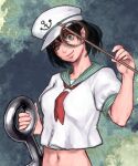  1girl anchor anchor_symbol black_hair commentary_request crop_top gengoroumaru_(ambidextrous) gradient green_eyes hat highres hishaku looking_at_viewer midriff murasa_minamitsu navel one-hour_drawing_challenge red_neckwear red_ribbon ribbon sailor_collar sailor_hat smile solo touhou upper_body 