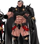  1boy absol_(dkqthf) another_eidos-r armor asymmetrical_hair bara beard black_cape black_hair boots briefs bulge cape eyebrow_cut facial_hair feet_out_of_frame frown hellion_(another_eidos) kunai large_pectorals looking_at_viewer male_focus male_underwear mature_male muscular muscular_male navel nipple_slip nipples official_art pauldrons pectorals planted planted_sword revealing_clothes scar scar_on_chest short_hair shoulder_armor shoulder_spikes sidecut sidepec single_pauldron solo spikes sword thick_thighs thigh_boots thighhighs thighs transparent_background underwear weapon 