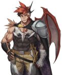  1boy another_eidos-r armor asymmetrical_sleeves bandaged_arm bandages bara biceps brown_hair brown_pants covered_abs crotchless crotchless_pants dragon_boy dragon_horns dragon_wings feet_out_of_frame gaia_(another_eidos) heterochromia horns leather_belt lemon_torikawa looking_at_viewer male_focus multicolored_hair muscular muscular_male official_art pants pauldrons pectoral_cleavage pectorals red_hair scales short_hair shoulder_armor single_horn single_pauldron single_wing smile solo transparent_background veins white_hair wings 