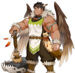  1boy animal_skull another_eidos-r baggy_pants bara black_hair brown_wings dark-skinned_male dark_skin facial_mark feather_hair_ornament feather_necklace feathered_wings feathers feet_out_of_frame fur_collar hair_ornament kuro_nezumi_inu large_pectorals long_sideburns looking_at_viewer male_focus muscular muscular_male native_american official_art pants pectorals pelvic_curtain planted short_hair siddeley_(another_eidos) sideburns sleeveless solo thick_eyebrows transparent_background wings 