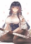  1girl azuma_(azur_lane) azur_lane black_gloves bra bra_visible_through_clothes brown_legwear commentary_request framed_breasts gloves half_gloves jacket jacket_on_shoulders long_hair looking_at_viewer orange_eyes pantyhose petals purple_hair sea_nami see-through_shirt simple_background solo thigh_strap underwear very_long_hair white_background white_bra white_jacket 