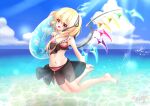  1girl absurdres bangs bare_legs bare_shoulders barefoot beach black_ribbon black_sarong blonde_hair blue_innertube blue_sky blush bow bra bracelet breasts cloud commentary_request crystal eyebrows_visible_through_hair fang flandre_scarlet hair_bow highres holding holding_innertube innertube jewelry jumping light_rays navel ocean open_mouth panties pink_bra pink_panties red_eyes ribbon rina_sukareltuto sarong short_hair side_ponytail signature sky slit_pupils small_breasts stomach sunbeam sunlight swimsuit touhou underwear water wings 