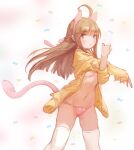  1girl animal_ears breasts brown_hair cat_ears cat_tail closed_mouth commentary cowboy_shot english_commentary eyebrows_visible_through_hair fake_animal_ears green_eyes kuzel_(bonolangje) light_blush long_hair long_sleeves looking_at_viewer navel no_bra no_pants open_clothes open_shirt original panties pink_panties shirt small_breasts solo stomach stretch tail thighhighs underboob underwear white_background white_legwear yellow_shirt 