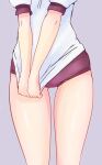  1girl alice_gear_aegis ass_visible_through_thighs buruma close-up clothes_pull gym_uniform head_out_of_frame highres lower_body mikuraza_azuki pulled_by_self purple_background purple_buruma rasen_manga shirt shirt_pull shirt_tug short_sleeves simple_background solo thigh_gap thighs white_shirt 