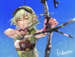  1girl absurdres archery arrow_(projectile) blush bow_(weapon) compound_bow elf gloves goblin_slayer! green_eyes green_hair high_elf_archer_(goblin_slayer!) highres holding holding_arrow holding_bow_(weapon) holding_weapon long_hair looking_at_viewer lxkate muneate partially_fingerless_gloves pointy_ears ponytail shiny shiny_hair shiny_skin sidelocks smile visor_cap weapon yugake 