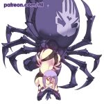  1girl arachne arthropod_girl ass breasts carapace extra_eyes extra_legs large_breasts monster_girl monster_musume_no_iru_nichijou rachnera_arachnera red_eyes rtil short_hair simple_background smile solo spider_girl taur upside-down web_address white_background 