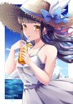  1girl 2021 absurdres artist_name bangs black_hair blue_bow bow collarbone cup dress drinking drinking_straw_in_mouth floating_hair grey_dress hat hat_bow highres holding holding_cup kai_shimako long_hair muvluv muvluv_alternative muvluv_total_eclipse ocean ryuu_shuo smile solo straw_hat water yellow_eyes 