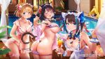  3girls :3 animal_ear_fluff animal_ears apron ass assisted_exposure azur_lane bangs between_breasts bikini bikini_pull black_hair blonde_hair blue_bikini blue_eyes blue_flower blue_hair blue_nails blue_rose blush breasts cat_ears cat_girl cat_tail character_request cheshire_(azur_lane) cleavage closed_eyes closed_mouth clothes_pull commentary_request cup curtains detached_collar drinking_glass flower frilled_apron frills grin hair_flower hair_ornament heterochromia hibiscus holding holding_cup large_breasts leg_garter long_hair looking_at_viewer maid_headdress medium_breasts multicolored_hair multiple_girls mwwhxl nail_polish open_mouth petals pink_shirt pool pulled_by_another purple_bikini red_eyes red_flower rose shirt short_hair side-tie_bikini smile standing streaked_hair swimsuit tail undressing_another white_apron white_bikini wooden_floor wrist_cuffs yellow_flower 