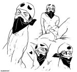  1boy arm_support arms_behind_head artist_name bed_sheet black_eyes collarbone greyscale half-closed_eyes hat heart looking_at_viewer looking_down male_focus monochrome mugheyart multiple_views navel nude penis pokemon pokemon_(game) pokemon_sm profile spread_legs team_skull team_skull_grunt testicles 