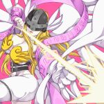  1girl angel_wings angewomon armpit_peek arrow_(projectile) ass asymmetrical_clothes bare_shoulders belt black_belt blonde_hair breasts cleavage closed_mouth clothing_cutout commentary covered_eyes cowboy_shot digimoji digimon digimon_(creature) elbow_gloves electricity feathered_wings frown gloves hagoromo head_wings helmet holding holding_arrow large_breasts long_hair multiple_wings navel navel_cutout o-ring_belt pink_background red_lips shawl sidelocks simple_background solo someguy944 standing standing_on_one_leg winged_helmet wings wrist_wings zipper 
