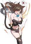  1girl alternate_costume animal_ears arknights bangs black_gloves black_legwear black_leotard blue_necktie blush breasts brown_hair burnt_clothes cat_ears cat_girl cat_tail clothing_cutout covering covering_breasts detached_collar ear_piercing elbow_gloves eyebrows_visible_through_hair fang fire gloves highres large_breasts leotard long_hair looking_at_viewer navel navel_cutout necktie nose_blush open_mouth orange_eyes piercing satsuki_neko simple_background skyfire_(arknights) solo tail thighhighs torn_clothes tying_hair white_background 