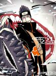  1boy akatsuki_(naruto) akatsuki_uniform black_eyes black_hair forehead_protector grin holding holding_sword holding_weapon hoshigaki_kisame long_sleeves looking_at_viewer naruto naruto_(series) ninja open_mouth shark sharp_teeth short_hair smile solo sword teeth water weapon yazakc 