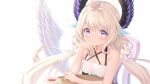  1girl angel_wings bangs blonde_hair blush breasts cleavage cup english_commentary enna_alouette eyebrows_behind_hair flower green_nails hair_flower hair_ornament head_wings low_twintails nijisanji nijisanji_en purple_eyes sitting small_breasts smile solo tea teacup twintails virtual_youtuber white_background white_flower wings zzz_(zzz00166403zzz) 