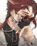  1boy akira_yoru alternate_costume artist_name beads bishounen blurry commentary depth_of_field ear_piercing earbuds earphones earrings eyelashes eyewear_strap half-closed_eyes head_rest highres jewelry jojo_no_kimyou_na_bouken kakyoin_noriaki looking_away male_focus mask mouth_mask piercing portrait purple_eyes red-tinted_eyewear red_hair round_eyewear solo stardust_crusaders sunglasses tinted_eyewear wavy_hair 