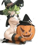  1girl capelet commentary curly_hair flipped_hair green_eyes green_hair halloween hand_on_own_cheek hand_on_own_face hat highres jack-o&#039;-lantern kneeling looking_at_viewer nude one-punch_man pumpkin rakeemspoon short_hair simple_background socks solo striped striped_legwear tatsumaki thighhighs white_background witch witch_hat 