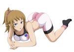  1girl absurdres all_fours ass bare_shoulders bike_shorts blue_eyes breasts brown_hair commentary_request gundam gundam_build_fighters gundam_build_fighters_try highres hoshino_fumina iwao178 looking_at_viewer midriff open_mouth ponytail simple_background solo sports_bra sportswear white_background 
