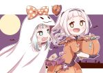  2girls :d alternate_costume bat blue_eyes blush bow bright_pupils bucket candy dress fang food food_in_mouth frilled_dress frills full_moon gawr_gura ghost_costume hairband halloween halloween_bucket highres holding holding_bucket hololive hololive_english kiwami133 lollipop looking_at_another moon multiple_girls murasaki_shion night night_sky orange_dress polka_dot polka_dot_bow pumpkin purple_bow purple_hairband purple_sky sidelocks sky smile tombstone two_side_up virtual_youtuber wand white_hair white_pupils yellow_eyes 