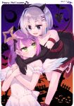  2girls :d amane_kanata angel_wings arm_garter arms_around_neck bangs bare_shoulders black_choker black_dress black_gloves black_ribbon blue_hair blush breasts choker collarbone commentary_request crescent_moon dated demon_horns demon_tail dress ear_piercing elbow_gloves eyebrows_visible_through_hair eyes_visible_through_hair fake_horns fangs frilled_dress frills gloves green_eyes hair_between_eyes hair_bun hair_ornament hair_ribbon hairclip halloween halo hand_on_own_chest happy_halloween highres hikawa_shou hololive horns hug hug_from_behind looking_at_another medium_breasts moon multiple_girls night night_sky open_mouth piercing pink_hair purple_eyes purple_hair red_footwear ribbon role_reversal shoes short_hair silver_hair sky small_breasts smile star_halo strapless strapless_dress sweat tail tail_ornament tail_piercing thigh_strap tokoyami_towa virtual_youtuber white_dress wings x_hair_ornament yuri 