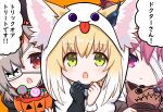  3girls animal_ears arknights bandage_over_one_eye blonde_hair clenched_hands collar commentary_request costume doll earpiece eyepatch fox_ears ghost_costume gloves green_eyes grey_hair halloween hat jack-o&#039;-lantern kitara_koichi long_hair medium_hair multiple_girls open_mouth pink_eyes pink_hair popukar_(arknights) red_eyes shamare_(arknights) single_glove suzuran_(arknights) tongue tongue_out translated trick_or_treat upper_body 