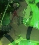  1boy abs ass_visible_through_thighs astaroth_(soulcalibur) aura bad_id bad_tumblr_id bald bara bare_pectorals between_pectorals erection feet_out_of_frame from_below glowing harness highres holding holding_polearm holding_weapon large_pectorals male_focus mugheyart muscular muscular_male nipples no_pupils nude pectorals penis polearm precum solo soulcalibur stomach thick_thighs thighs uncensored weapon 
