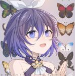  1girl :d absurdres artist_name bangs bare_shoulders black_butterfly blue_eyes blue_hair bow bug butterfly character_name dress hair_between_eyes hair_bow hair_ornament happy_birthday highres honkai_(series) honkai_impact_3rd liuyun_(liuyun73492) making-of_available open_mouth orange_butterfly pink_background red_butterfly seele_vollerei seele_vollerei_(stygian_nymph) short_hair simple_background sleeveless sleeveless_dress smile solo white_butterfly 