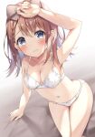  1girl arm_support arm_up bangs bare_arms bare_shoulders bed_sheet blush bow bow_bra bow_panties bra breasts brown_bow brown_hair cleavage closed_mouth collarbone commentary_request eyebrows_visible_through_hair grey_eyes hair_between_eyes hair_bow hanasato_minori long_hair looking_at_viewer medium_breasts navel panties project_sekai sitting solo underwear underwear_only white_bra white_panties yashin 