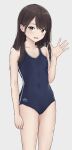  1girl akipeko bangs blue_swimsuit blush brown_hair commentary_request eyebrows_visible_through_hair flat_chest hand_up highres long_hair looking_at_viewer one-piece_swimsuit open_mouth original school_swimsuit simple_background solo swept_bangs swimsuit waving white_background 