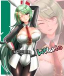  1girl adapted_costume arm_behind_head azur_lane belt black_belt black_legwear breasts brown_gloves character_name cleavage eyebrows_visible_through_hair gloves green_hair italian_flag kaguya-san_(nantyu-erosada) large_breasts leotard littorio_(azur_lane) long_hair necktie one_eye_closed pantyhose playboy_bunny red_eyes red_hair red_necktie solo standing very_long_hair white_leotard 