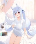  1girl absurdres animal_ears bed blue_hair borrowed_character bow breasts cup disposable_cup fox_ears fox_girl fox_tail hair_bow hair_ornament hairclip hand_on_breast highres large_breasts large_tail long_hair looking_at_viewer nintendo_switch no_pants nyun on_bed open_mouth original red_eyes shirt short_sleeves sidelocks sitting smile solo sweatdrop tail thighs twintails very_long_hair white_shirt x_hair_ornament 