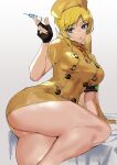 1girl :o adapted_costume ashiomi_masato ass bangs bent_over blonde_hair blue_eyes breasts commentary_request guilty_gear guilty_gear_strive hat highres knee_up leaning_forward looking_at_viewer looking_back millia_rage needle nurse nurse_cap solo thick_thighs thighs upskirt white_background 