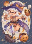  1girl black_panties breasts dark-skinned_female dark_skin halloween hat highres holding holding_weapon inkling jack-o&#039;-lantern long_hair medium_breasts one_eye_closed open_clothes panties pointy_ears red_eyes see-through shina_shina solo splatoon_(series) splatoon_2 tentacle_hair thigh_strap underwear weapon witch witch_hat wrist_cuffs 