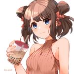  1girl alternate_costume bangs bare_shoulders blue_eyes bubble_tea casual dragalia_lost drink drinking_straw hair_ribbon highres holding holding_drink jewelry lin_you lips looking_at_viewer medium_hair mukatsukupochi necklace ribbon smile upper_body 