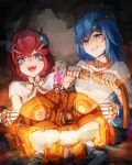  2girls absurdres android bangs blue_eyes blue_hair cable electricity fingers_together hair_between_eyes halloween highres holding holding_cable jack-o&#039;-lantern joints light long_hair multiple_girls open_mouth original red_hair robot_joints shirt short_sleeves siblings sisters smile taiu white_shirt 