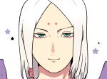  1boy close-up closed_mouth facepaint facial_mark forehead forehead_mark green_eyes kaguya_kimimaro long_hair looking_at_viewer male_focus naruto naruto_(series) ninja simple_background smile solo star_(symbol) white_background white_hair yazakc 