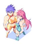  2girls absurdres ass blue_eyes blue_hair blue_leotard bomber_kishima boots breasts cleavage eyebrows_visible_through_hair from_above hair_between_eyes highres knee_pads large_breasts leotard looking_away medium_breasts mighty_yukiko multiple_girls muscular muscular_female nexas pink_hair purple_eyes short_hair shorts smile spiked_hair sports_bra wrestle_angels wrestle_angels_survivor wrestling_outfit wristband 