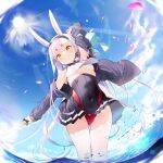  1girl :&gt; animal_ears arm_up ass_visible_through_thighs azur_lane bangs black_dress black_hairband black_jacket blunt_bangs breasts cherry_blossoms closed_mouth cloud covered_navel day dress hairband highres holding holding_sword holding_weapon jacket long_hair long_sleeves looking_at_viewer nekomu ocean outdoors rabbit_ears shimakaze_(azur_lane) small_breasts smile solo standing summer sun sword thigh_gap underboob very_long_hair wading weapon white_hair yellow_eyes 