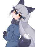  1girl animal_ear_fluff animal_ears aramaru bangs black_gloves black_hair blue_jacket blush commentary_request extra_ears eyebrows_visible_through_hair fox_ears fox_girl fox_tail fur-trimmed_sleeves fur_trim gloves gradient_hair grey_hair hair_between_eyes highres jacket kemono_friends long_sleeves looking_at_viewer multicolored_hair orange_eyes silver_fox_(kemono_friends) simple_background smile solo tail turning_head white_background 