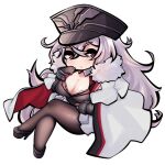  1girl azur_lane black_gloves breasts chibi cleavage cleavage_cutout cloak clothing_cutout crossed_legs eyebrows_visible_through_hair full_body fur_collar gloves graf_zeppelin_(azur_lane) hair_between_eyes hat high_heels large_breasts long_hair looking_to_the_side pantyhose peaked_cap red_eyes simple_background solo sugoidere transparent_background white_hair 