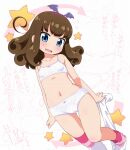  1girl abstract_background bat_wings blue_eyes blush bra breasts brown_hair cameltoe covered_nipples fang hairband highres hiro_hiroki kurosu_aroma long_hair navel open_mouth panties pretty_(series) pripara simple_background small_breasts solo star_(symbol) stomach sweatdrop thighhighs training_bra underwear undressing wings 