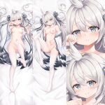  1girl azur_lane bangs bed_sheet blush breasts closed_mouth commentary_request dakimakura_(medium) detached_sleeves eyebrows_visible_through_hair feet grey_eyes grey_ribbon hair_between_eyes hair_ribbon hand_on_own_stomach hand_up highres long_hair long_sleeves looking_at_viewer lying medium_breasts multiple_views navel nipples no_shoes on_back open_mouth parted_lips pussy ribbon silver_hair smile stomach thighhighs umikaze_(azur_lane) white_legwear wide_sleeves yutian_alice 