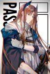  1boy absurdres arknights bangs bird brown_hair character_name closed_mouth cup from_side gloves head_wings highres jacket long_hair looking_to_the_side male_focus mug passenger_(arknights) solo upper_body white_background white_gloves white_jacket yi_jin_shihui_wumao_qian 