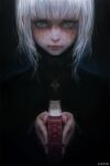  1girl bangs black_background black_nails black_robe blunt_bangs book burn_scar commentary eye_print grey_eyes grey_hair highres holding holding_book jewelry looking_at_viewer medium_hair monokubo nail_polish necklace original scar shiny shiny_hair solo 