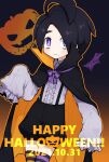  1boy absurdres ahoge allister_(pokemon) alternate_costume black_cloak black_hair black_shorts buttons cloak closed_mouth collared_shirt commentary_request dated fang fang_out frills halloween happy_halloween highres himawari_(kawaisounaedesu) long_sleeves male_focus mole mole_under_mouth neck_ribbon pokemon pokemon_(game) pokemon_swsh popped_collar purple_eyes purple_ribbon ribbon shirt short_hair shorts sleeves_past_wrists smile solo striped striped_legwear suspender_shorts suspenders thighhighs 