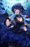  1girl absurdres black_gloves blue_dress blue_eyes blue_hair breasts bubble cleavage commentary_request dress fish gloves hair_ornament highres jewelry kurousagi_yuu long_hair looking_at_viewer ocean open_mouth otomi_sara ponytail shark underwater virtual_youtuber 