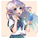  1girl alternate_costume bangs blue_eyes blue_hair dragalia_lost drink flower food granblue_fantasy highres holding holding_drink ice_cream lily_(granblue_fantasy) long_hair looking_at_viewer mukatsukupochi open_mouth ribbon school_uniform smile soda spoon 