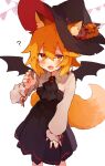  1girl ? animal_ear_fluff animal_ears bangs bat_wings black_dress black_headwear blonde_hair bloom blush cloak commentary dress fang flower food-themed_hat_ornament fox_ears fox_girl fox_tail hair_between_eyes halloween halloween_costume hat hat_flower hat_ornament jack-o&#039;-lantern_hat_ornament leaning_forward open_mouth pumpkin_hat_ornament ribbon_trim rimukoro senko_(sewayaki_kitsune_no_senko-san) sewayaki_kitsune_no_senko-san short_hair skin_fang solo tail white_background wings witch_hat yellow_eyes 