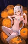  1girl absurdres bangs bare_arms bare_shoulders bikini breasts closed_mouth commentary demon_girl demon_horns demon_tail grey_bikini grey_hair grey_legwear grey_skirt groin hair_between_eyes halloween hand_up head_tilt highres horns ichika_(ichika87) looking_at_viewer miniskirt original pleated_skirt pumpkin skirt small_breasts smile solo swimsuit symbol-only_commentary tail thighhighs twintails yellow_eyes 