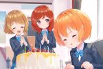  3girls bangs birthday birthday_cake blowing box breasts cake candle clapping closed_eyes commentary eichisu eyebrows_visible_through_hair food gift gift_box hoshizora_rin koizumi_hanayo light_brown_hair long_sleeves love_live! love_live!_school_idol_project multiple_girls nishikino_maki orange_hair otonokizaka_school_uniform purple_eyes red_hair school_uniform shiny shiny_hair short_hair small_breasts smile 